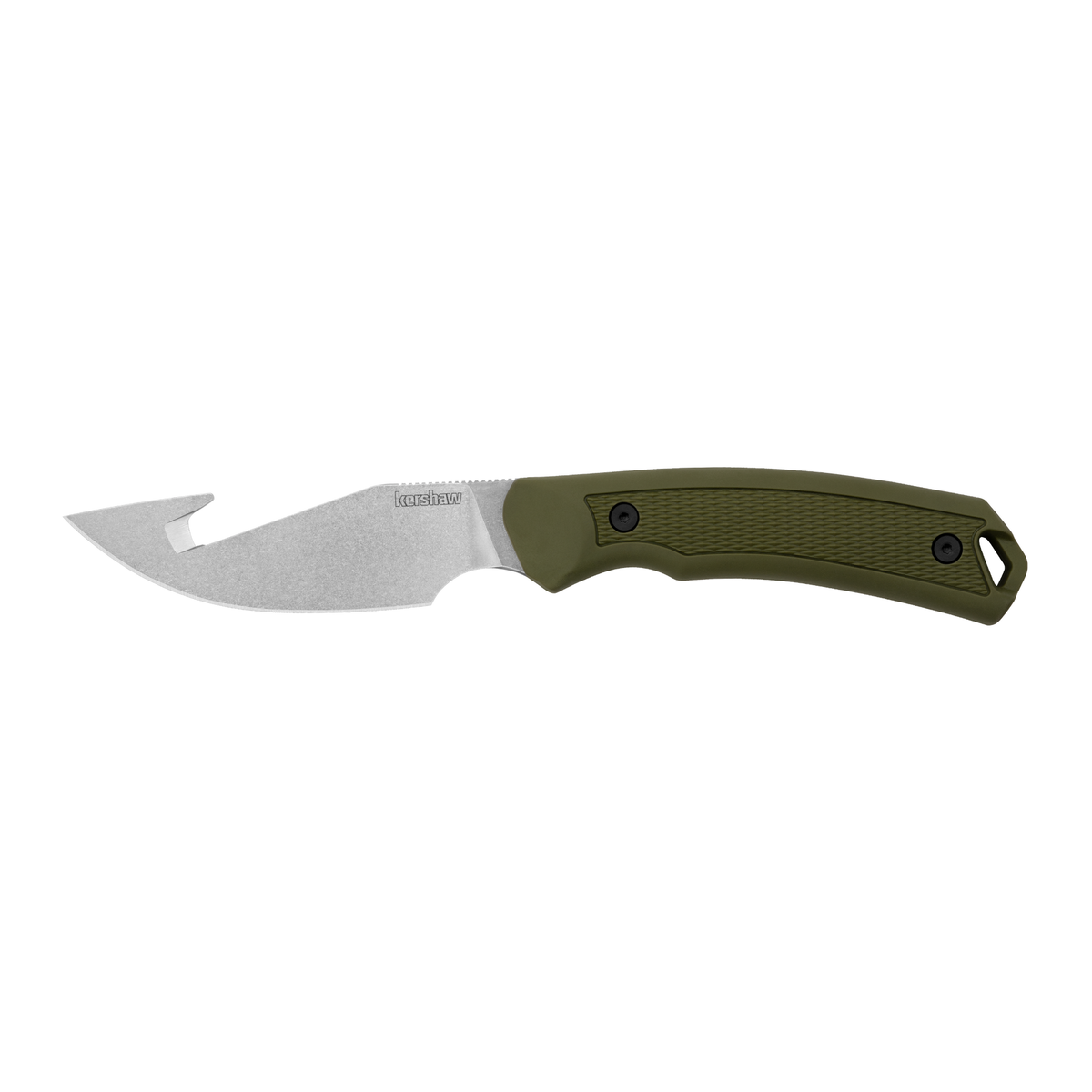 The Kershaw Deschutes Skinner | Gut Hook, featuring a D2 tool steel blade and an olive green handle, is displayed against a white background.