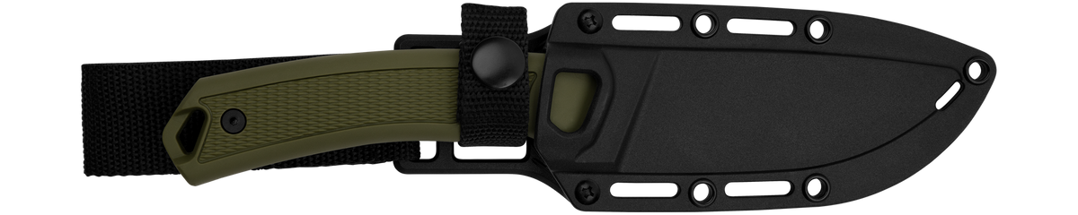 A Kershaw Deschutes Skinner | Gut Hook, featuring a green handle and fixed D2 tool steel blade, rests in a black sheath with multiple holes and is secured by a black strap and button, lying flat on a white background.