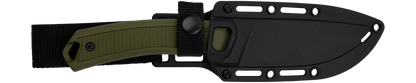 A Kershaw Deschutes Skinner | Gut Hook, featuring a green handle and fixed D2 tool steel blade, rests in a black sheath with multiple holes and is secured by a black strap and button, lying flat on a white background.
