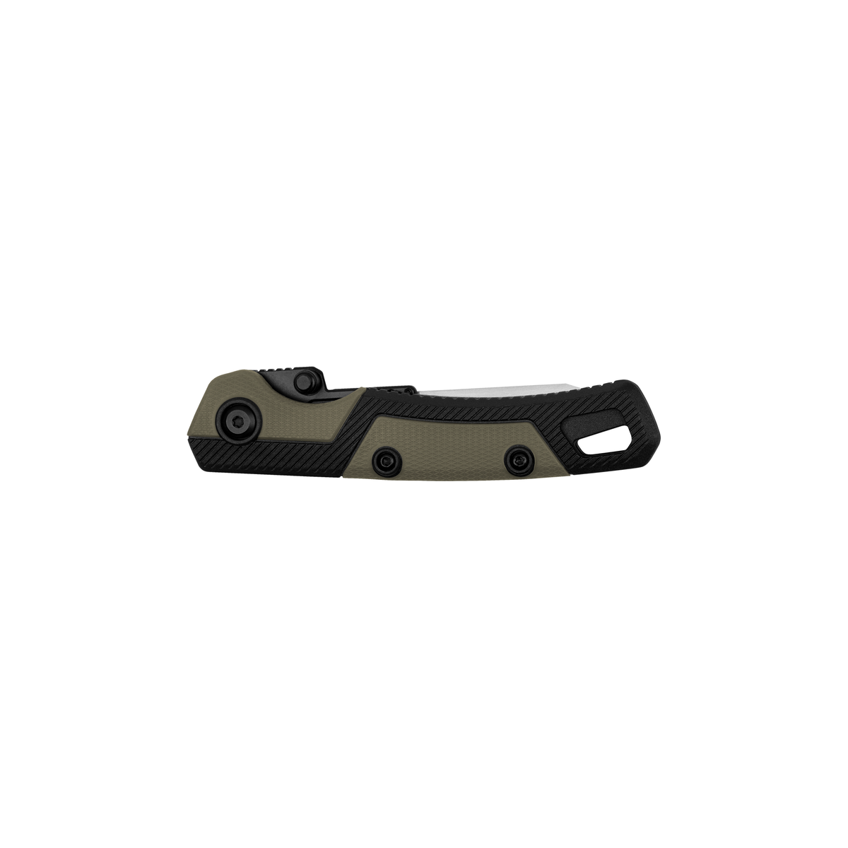 The Kershaw Lonerock RBK 2 is a folded pocket knife with a textured olive green and black ergonomic handle, featuring three visible screws and a lanyard hole, set against a plain white background.