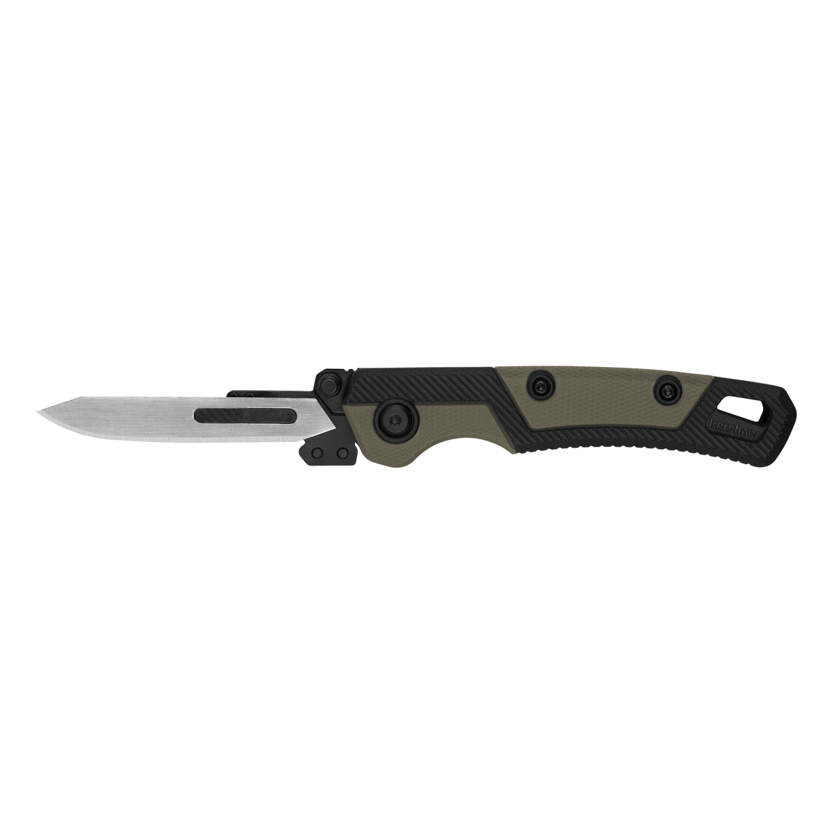 The Kershaw Lonerock RBK 2 is shown open against a white background, featuring a partially serrated silver blade and an ergonomic green and black textured handle.