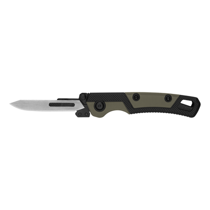 The Kershaw Lonerock RBK 2 is shown open against a white background, featuring a partially serrated silver blade and an ergonomic green and black textured handle.