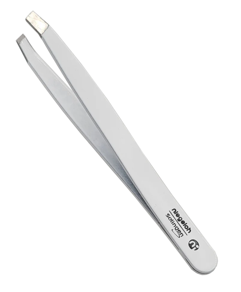 A pair of Niegeloh TopInox Oblique Tweezers, featuring silver slant-tips made from surgical-grade stainless steel and displaying the Nazola Softness branding near the end, is shown on a plain white background. Expertly crafted in Solingen, Germany to the highest standards, these tweezers offer exceptional precision and durability.