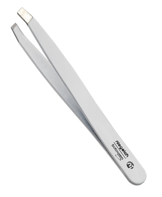 A pair of Niegeloh TopInox Oblique Tweezers, featuring silver slant-tips made from surgical-grade stainless steel and displaying the Nazola Softness branding near the end, is shown on a plain white background. Expertly crafted in Solingen, Germany to the highest standards, these tweezers offer exceptional precision and durability.