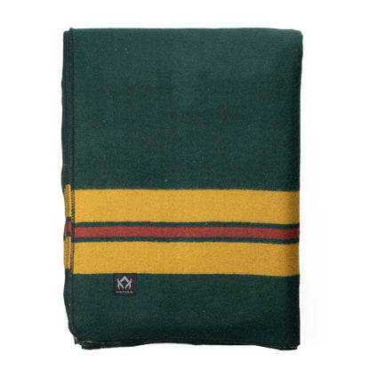 Arcturus Rainier Wool Blanket, deep forest green with yellow and red stripes, folded, featuring an Arcturus logo tag, ideal for outdoor and emergency use.