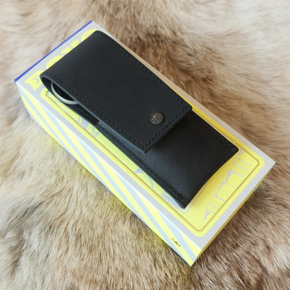 Dovo Manicure Set 2 with leather case atop a striped box, includes a wooden comb and micro-serrated scissors, ideal for grooming enthusiasts.