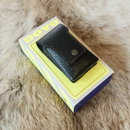 Dovo Manicure Set 1 features a black leather pouch with a logo, displayed on a branded box, ideal for travel grooming essentials.