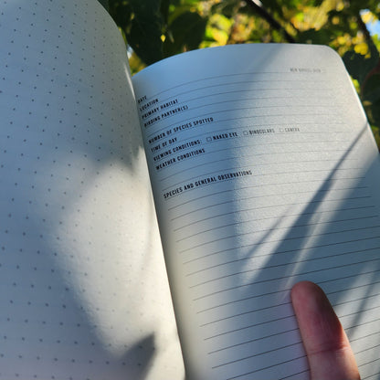 A Birding Notes journal from Mountaineer Books, featuring a bird-watching log template and a dot-grid page, perfect for outdoor birding adventures.