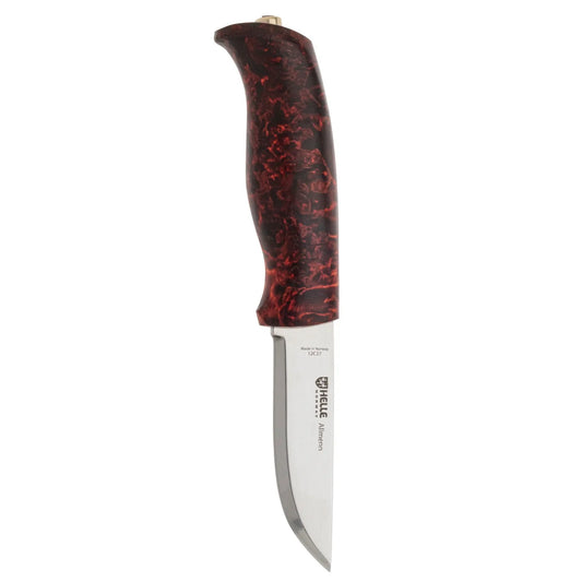 Helle Knives Allmenn fixed-blade knife featuring a 12C27 steel drop-point blade and a contoured wooden handle, shown with its leather sheath for versatile outdoor use.