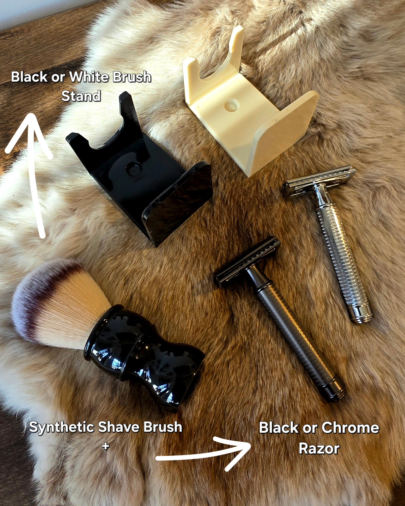 Kent's Good Shaving Kit features a black synthetic brush, two safety razors, and dual brush stands, perfect for starting traditional wet shaving.