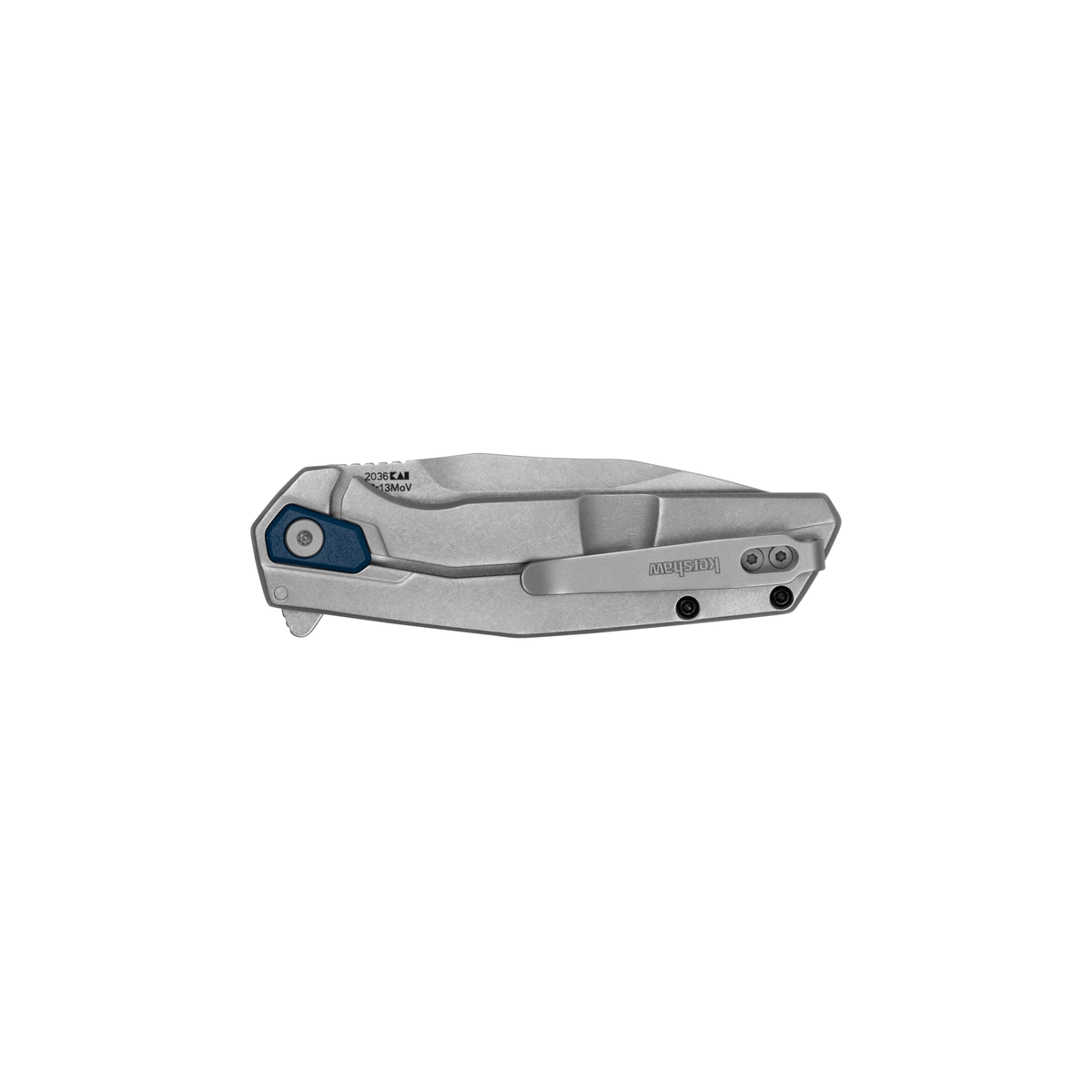 A folded Kershaw Lucid pocket knife, featuring a sleek silver finish with a blue accent near the hinge, visible screws, and a metal pocket clip, displayed against a white background.