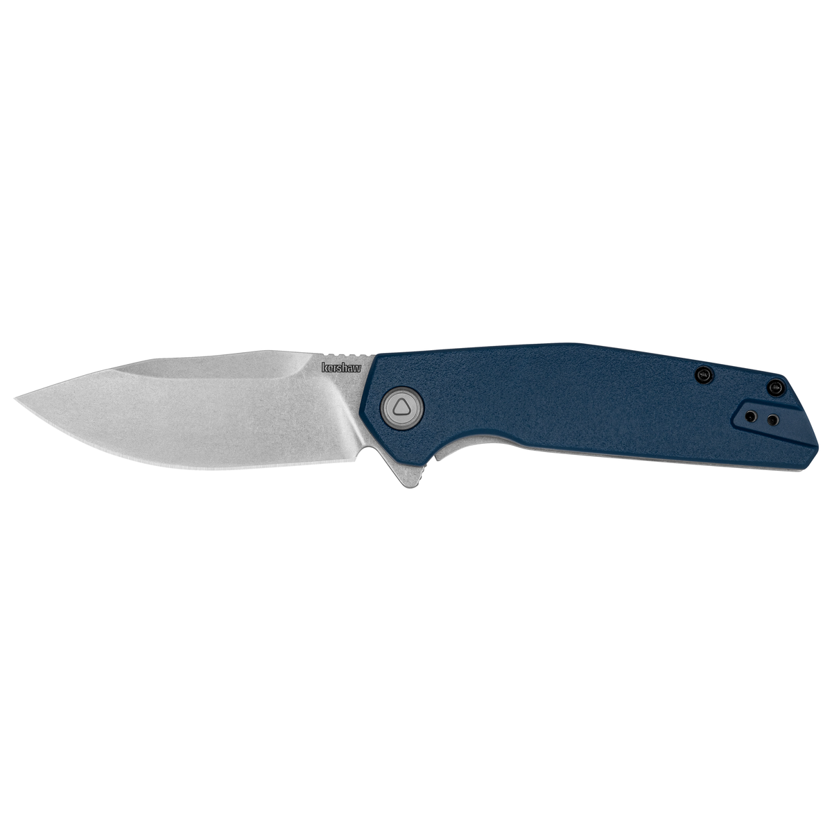 A Kershaw Lucid folding pocket knife featuring a silver clip point blade and a dark blue handle is displayed against a white background. This assisted opening knife blends sleek design with practical functionality.