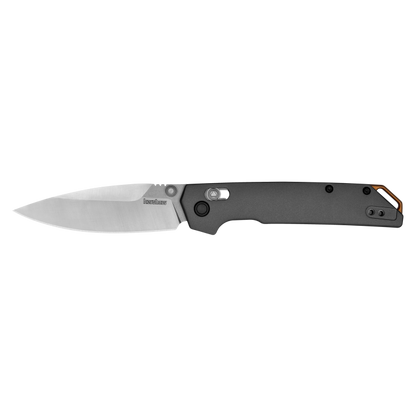 Kershaw Iridium knife with a drop-point stainless steel blade, metal handle, pocket clip, and visible brand name, showcasing its sleek design and practical features.