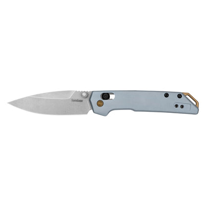 Kershaw Mini Iridium folding pocket knife with stone-wash blade, ice blue anodized aluminum handle, thumb stud, and reversible deep-carry clip, showcasing compact, versatile design.