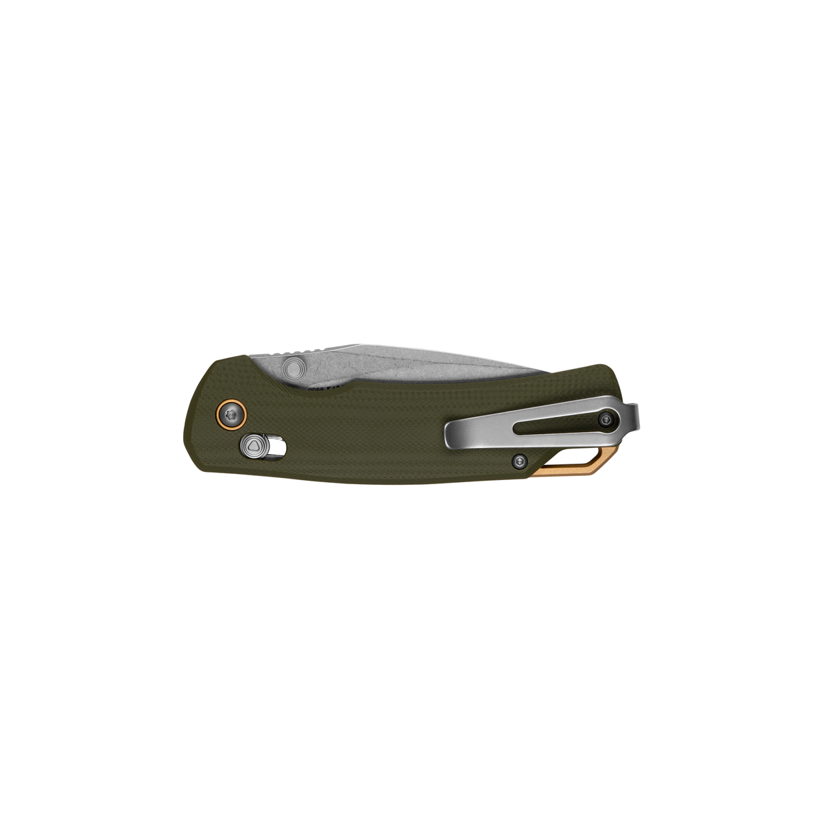 The Kershaw Proximal, a folding pocket knife with an olive green G10 handle, a silver metal pocket clip, and a D2 blade, is shown in the closed position against a white background—making it an ideal everyday carry folder.
