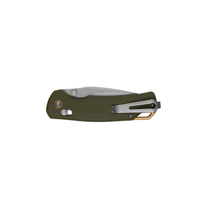 The Kershaw Proximal, a folding pocket knife with an olive green G10 handle, a silver metal pocket clip, and a D2 blade, is shown in the closed position against a white background—making it an ideal everyday carry folder.