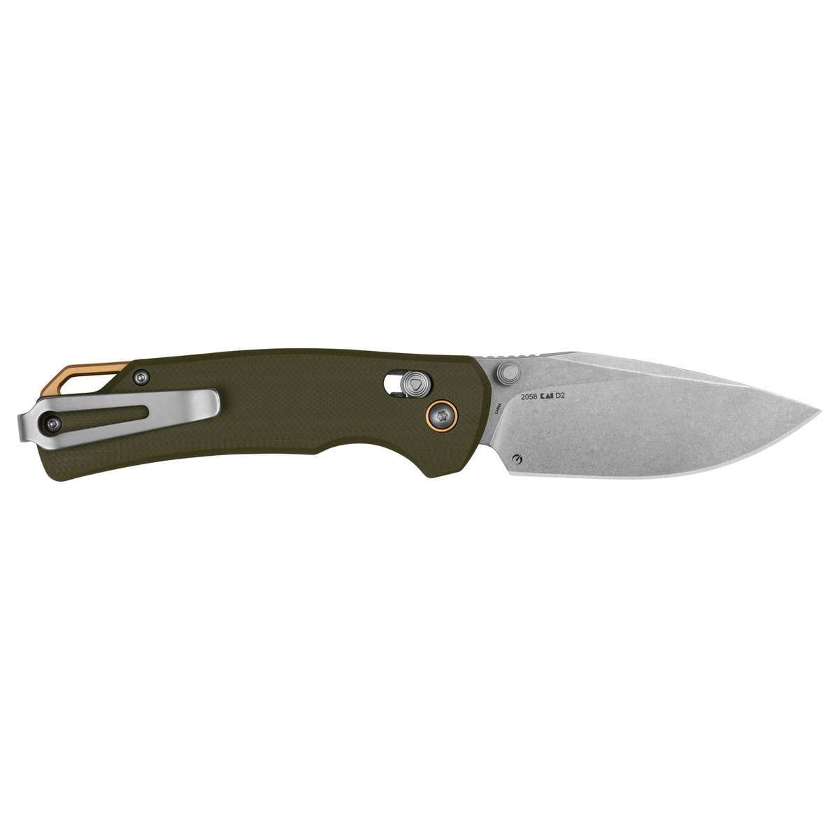 Kershaw Proximal features a stonewashed D2 blade, a durable green G10 handle, a metal pocket clip, and a gold-colored lanyard hole—making it an ideal everyday carry folding knife.