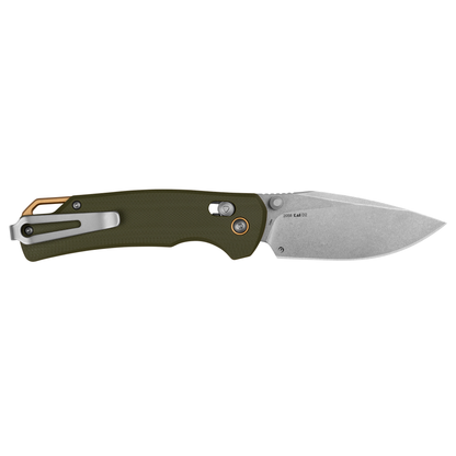 Kershaw Proximal features a stonewashed D2 blade, a durable green G10 handle, a metal pocket clip, and a gold-colored lanyard hole—making it an ideal everyday carry folding knife.