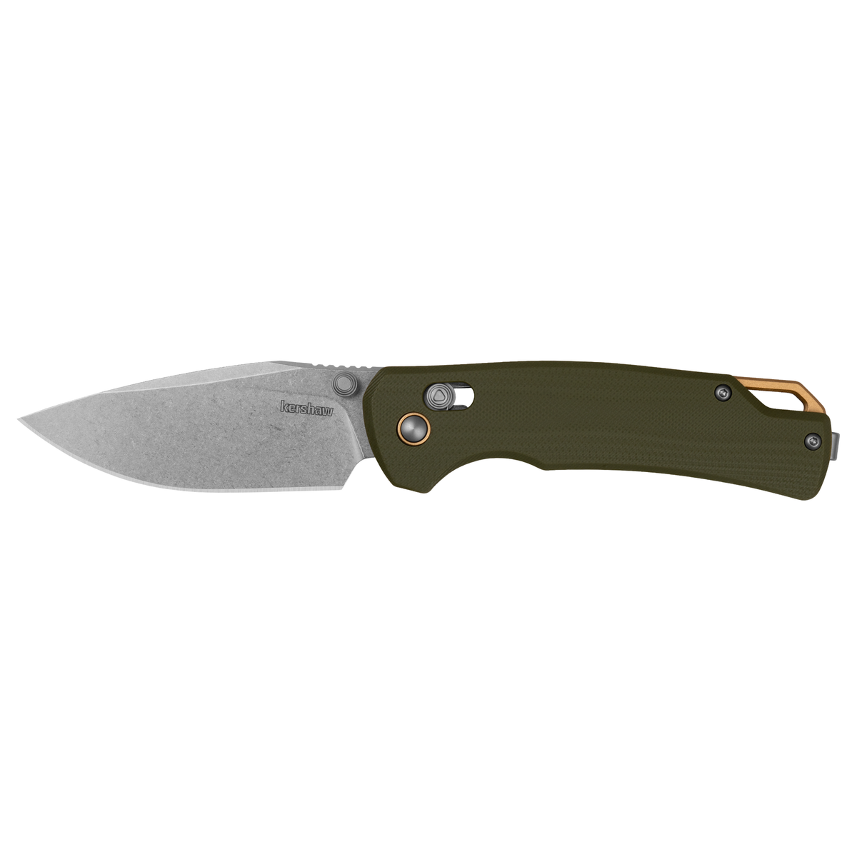 The Kershaw Proximal is a folding pocket knife featuring a durable D2 blade with a stonewashed finish, an olive green textured G10 handle for enhanced grip, a thumb stud for easy opening, and a gold-colored carabiner clip at the end of the handle—making it an ideal everyday carry folder.