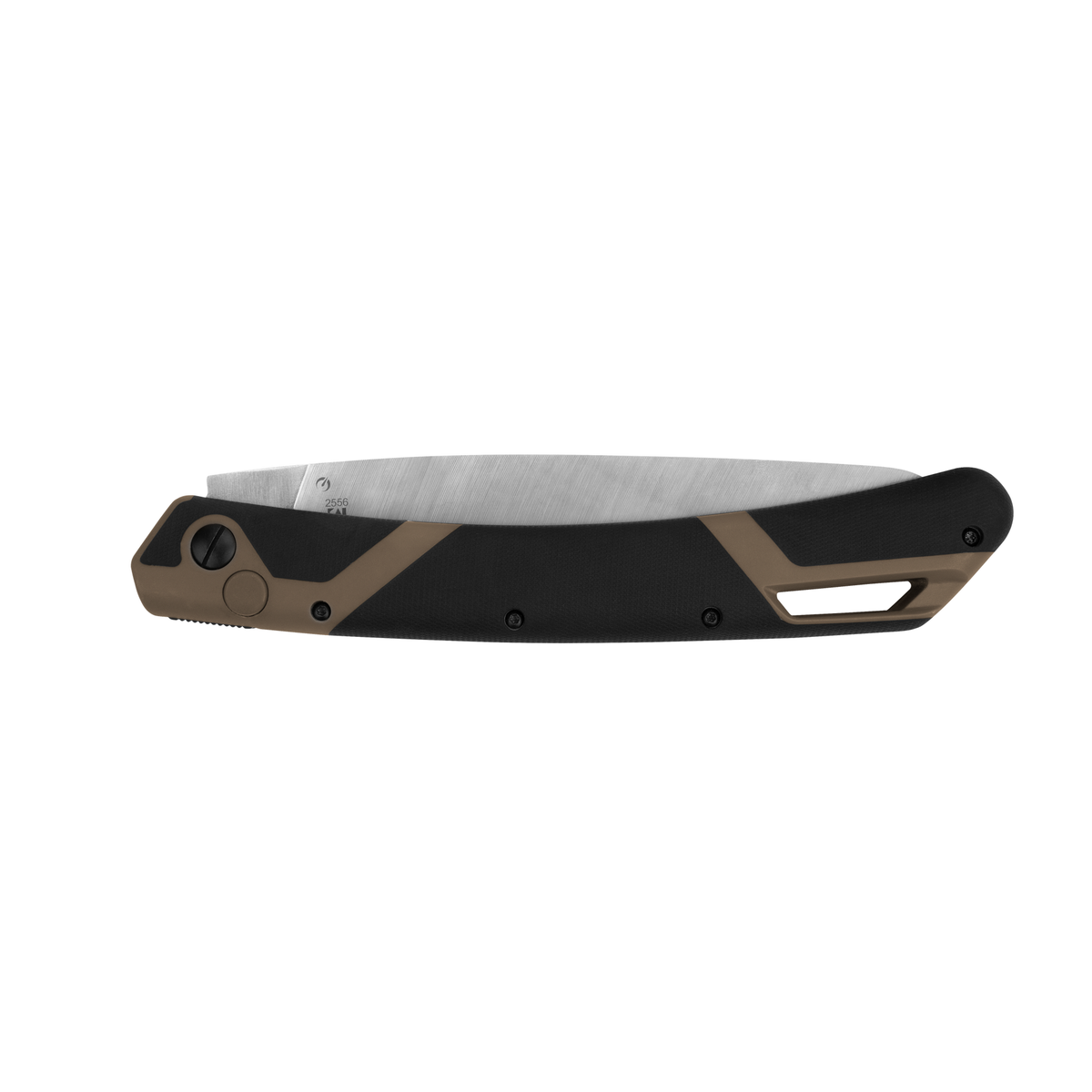 A closed Kershaw Taskmaster Saw 2 with a partially black and brown handle and a visible silver blade edge, perfect as a compact pruning tool for outdoor tasks.