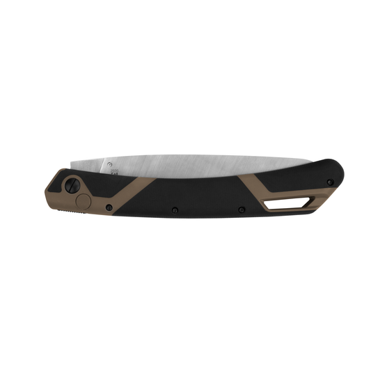 A closed Kershaw Taskmaster Saw 2 with a partially black and brown handle and a visible silver blade edge, perfect as a compact pruning tool for outdoor tasks.