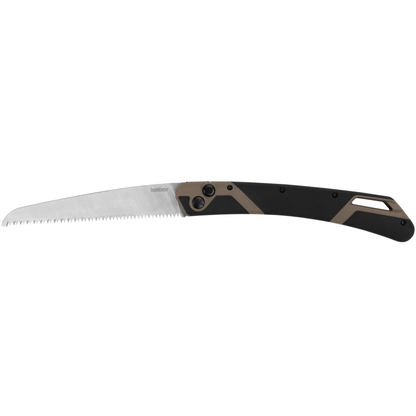 The Kershaw Taskmaster Saw 2 features a black and brown ergonomic handle and a straight, serrated stainless steel blade, making this folding saw a versatile choice for both outdoor adventures and gardening tasks.