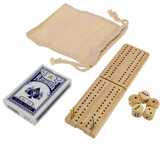 WE Games Cribbage and More Travel Game Pack containing a cribbage board with pegs, a deck of playing cards, four dice, and a cloth drawstring bag.