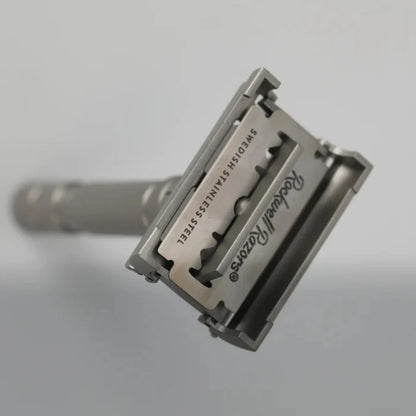 Rockwell Razors T2 safety razor head with Swedish stainless steel blade, showcasing its precise, adjustable design for a high-quality shave experience.