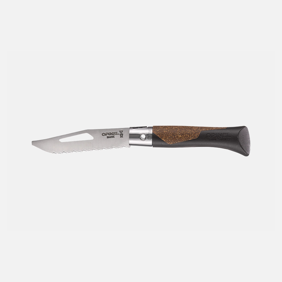 The Opinel Neo 7 Alpine is a versatile folding knife featuring a serrated stainless steel blade and a black and brown handle, shown here on a plain white background.