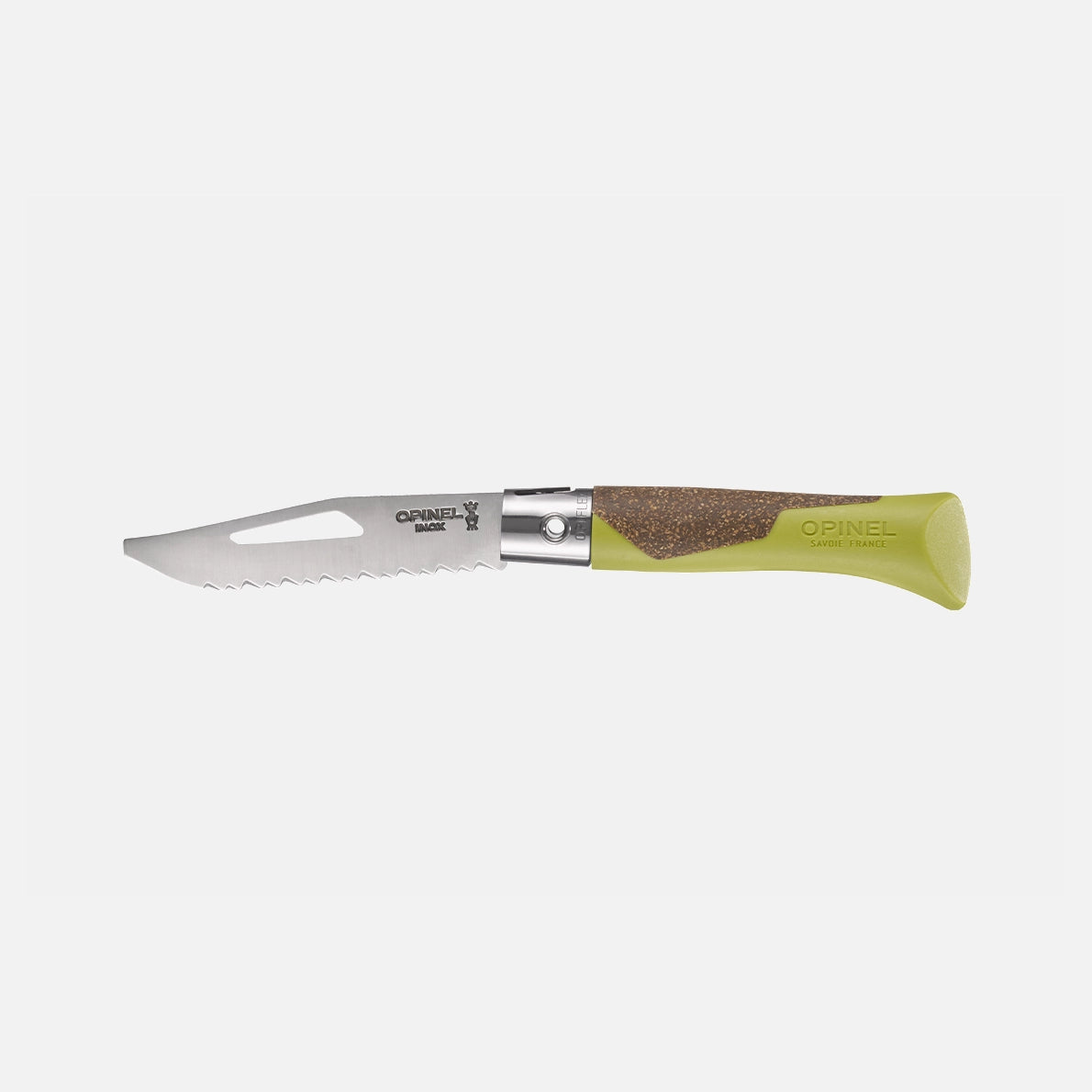 The Opinel Neo 7 Alpine is a folding mountain tool featuring a serrated blade with a cutout, a lime green handle with a cork-like textured grip section, and a silver locking collar.