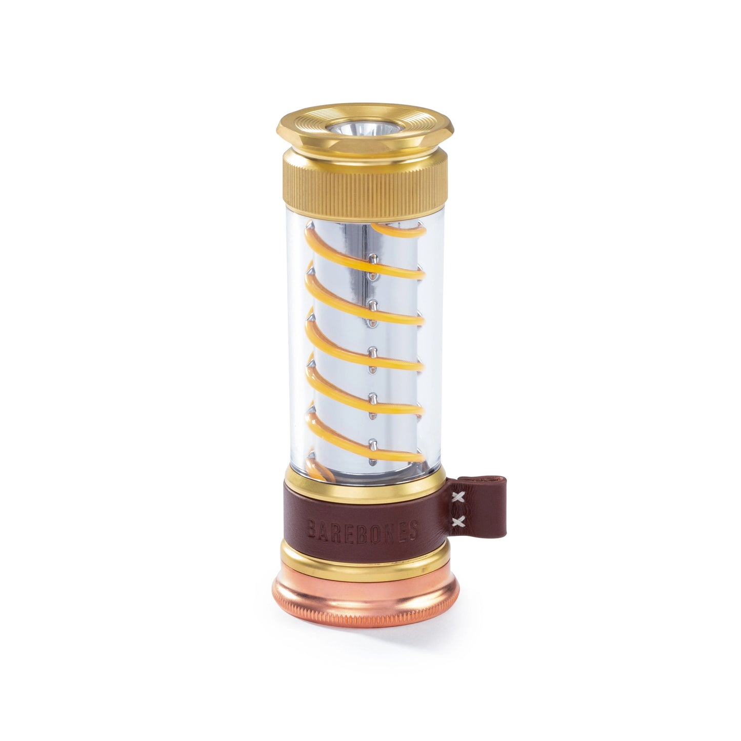 A cylindrical Barebones Edison Light Stick featuring gold and clear finishes, a visible spiral LED filament, a brown leather strap marked Barebones, and metallic accents on the top and bottom.