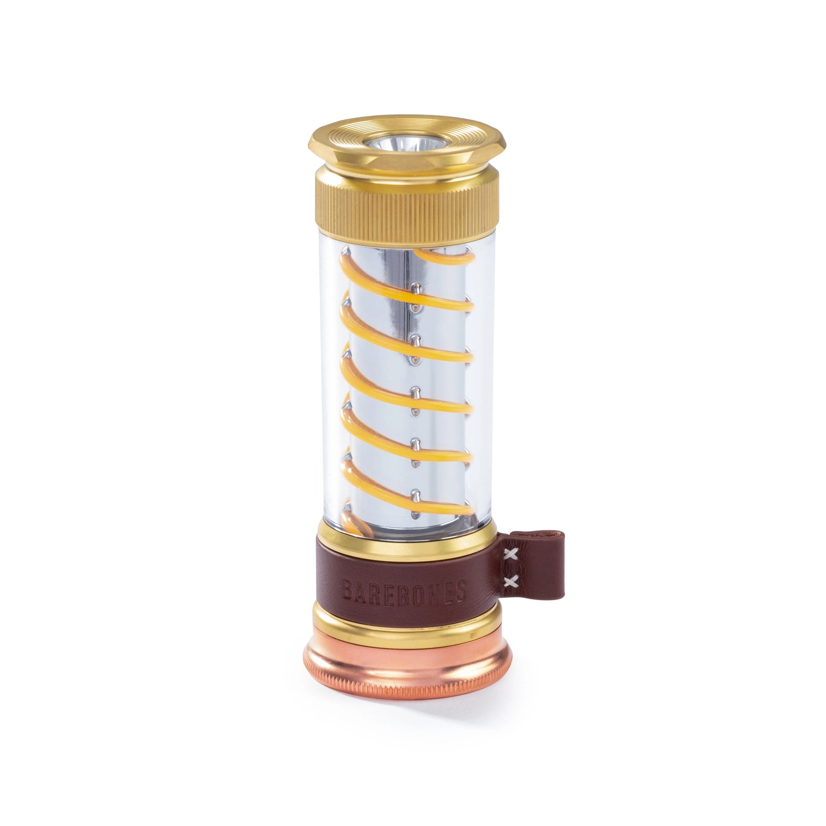 A cylindrical Barebones Edison Light Stick featuring gold and clear finishes, a visible spiral LED filament, a brown leather strap marked Barebones, and metallic accents on the top and bottom.