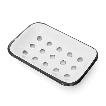 Kent of Inglewood Farmhouse Enamel Soap Dish with black rim and drainage holes, designed to preserve soap bars by allowing water to drain away efficiently.