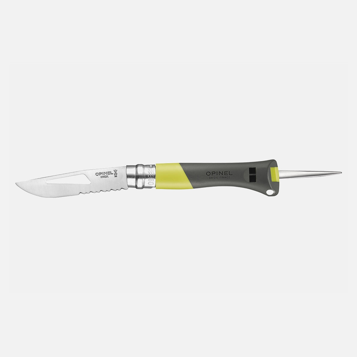 The Opinel No. 9 Ocean is a French pocket knife with a yellow and black handle, featuring a partially serrated blade, the Opinel brand name, and a pointed marlinespike tool extending from the opposite end of the handle.