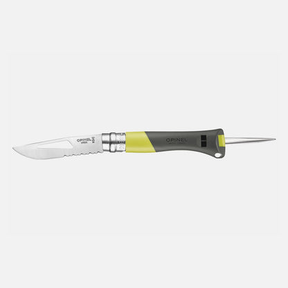 The Opinel No. 9 Ocean is a French pocket knife with a yellow and black handle, featuring a partially serrated blade, the Opinel brand name, and a pointed marlinespike tool extending from the opposite end of the handle.
