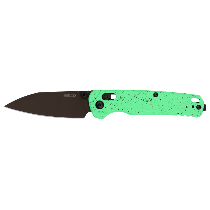 The Kershaw Bel Air Mint Chocolate Chip (Limited Edition) is a folding pocket knife featuring a black blade and a mint green handle with black speckles, displayed on a plain white background.