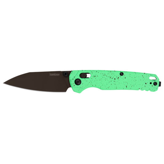 The Kershaw Bel Air Mint Chocolate Chip (Limited Edition) is a folding pocket knife featuring a black blade and a mint green handle with black speckles, displayed on a plain white background.