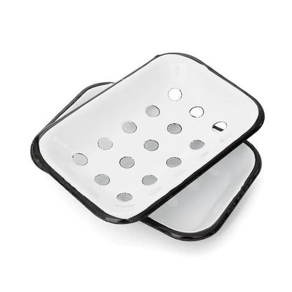 Kent of Inglewood Farmhouse Enamel Soap Dish features dual trays: a perforated top for drainage and a solid base, ideal for preserving soap longevity.