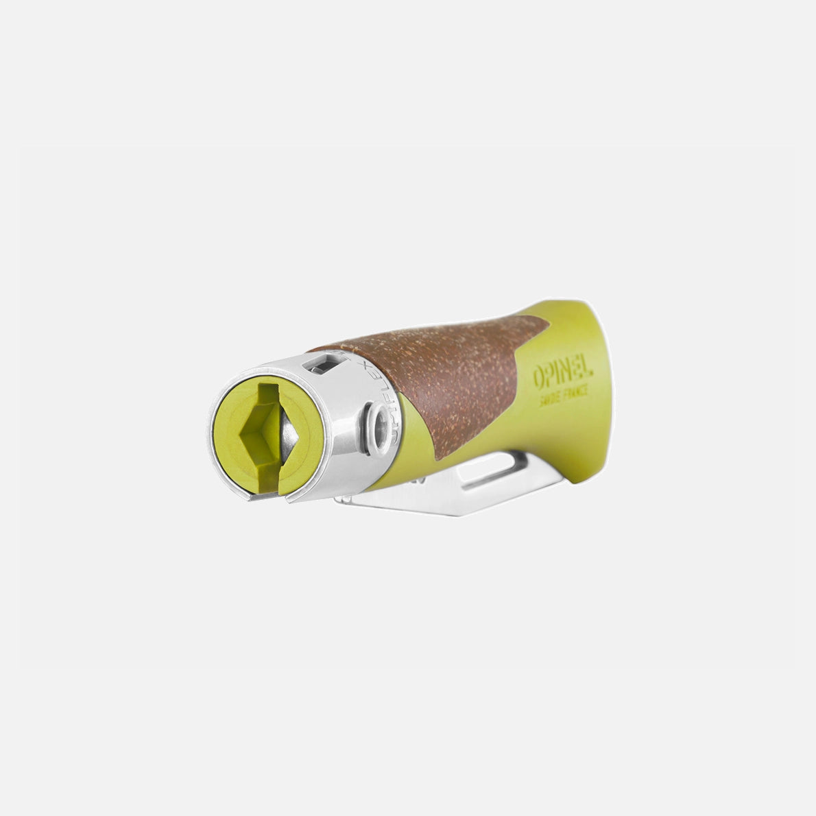 A close-up of the Opinel Neo 7 Alpine wine bottle opener, featuring a green and silver finish with a wood-textured grip, lying on its side against a plain white background—its design echoing the iconic Opinel pocket knife, celebrated as both an elegant mountain tool and an everyday essential.