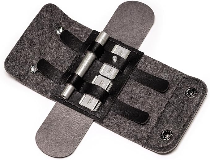 Gray felt case with metal connectors on a white background