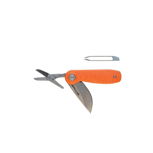 UCO Nason Pocket Knife: a compact gardening multi-tool with an orange handle, featuring a pruning blade, folding scissors, and a bud lifter for versatile outdoor use.