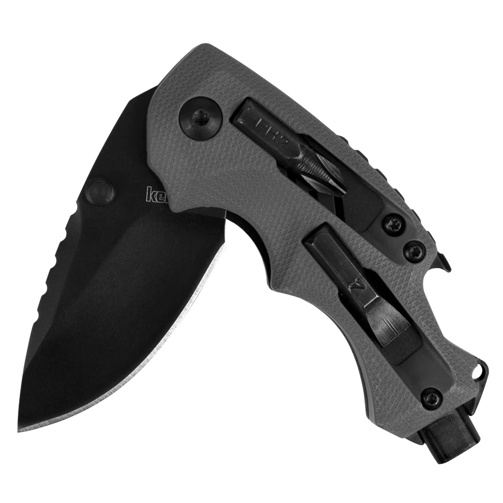 The Kershaw Shuffle DIY is a versatile folding pocket knife with a black blade, textured gray contoured handle, metal pocket clip, built-in tools, and is shown partially open—ideal for everyday carry.