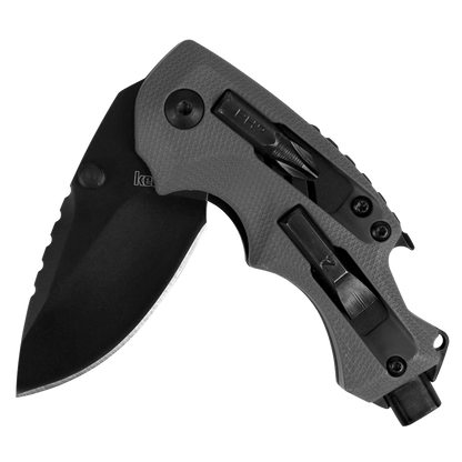 The Kershaw Shuffle DIY is a versatile folding pocket knife with a black blade, textured gray contoured handle, metal pocket clip, built-in tools, and is shown partially open—ideal for everyday carry.