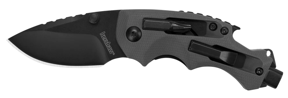 The Kershaw Shuffle DIY is a black folding tactical knife with a partially serrated blade, contoured handle, and built-in multi-tool features such as a screwdriver and glass breaker.