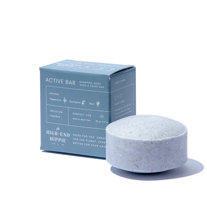 The High End Hippie Active Shampoo Bar: a versatile 3-in-1 solid bar for men, featuring peppermint, eucalyptus, and basil, perfect for short hair or beards.
