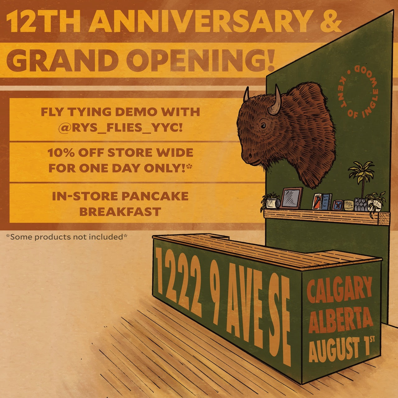 Vintage-style promotional poster for kent of inglewood, celebrating a 12th anniversary and grand opening. The design features a brown bison head mounted on a green wall above a counter labeled with the store address '1222 9 Ave SE Calgary Alberta August 1'.