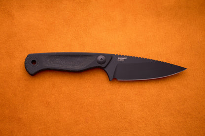 A Benchmade Dacian - Black Micarta compact fixed-blade knife with a serrated edge and premium CPM-Magnacut steel is displayed on an orange textured background.