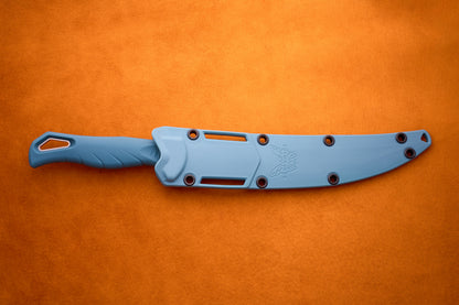 A blue Benchmade Fishcrafter knife with a matching blue sheath lies on an orange textured surface, secured by black rivets, with the Benchmade logo etched near the blade—a sleek tool ideal for precise filleting.