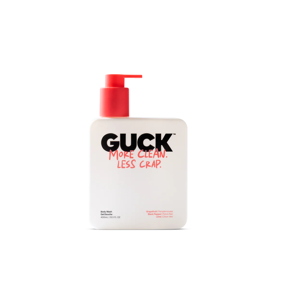 Bottle of GUCK daily wash with red pump on a white background
