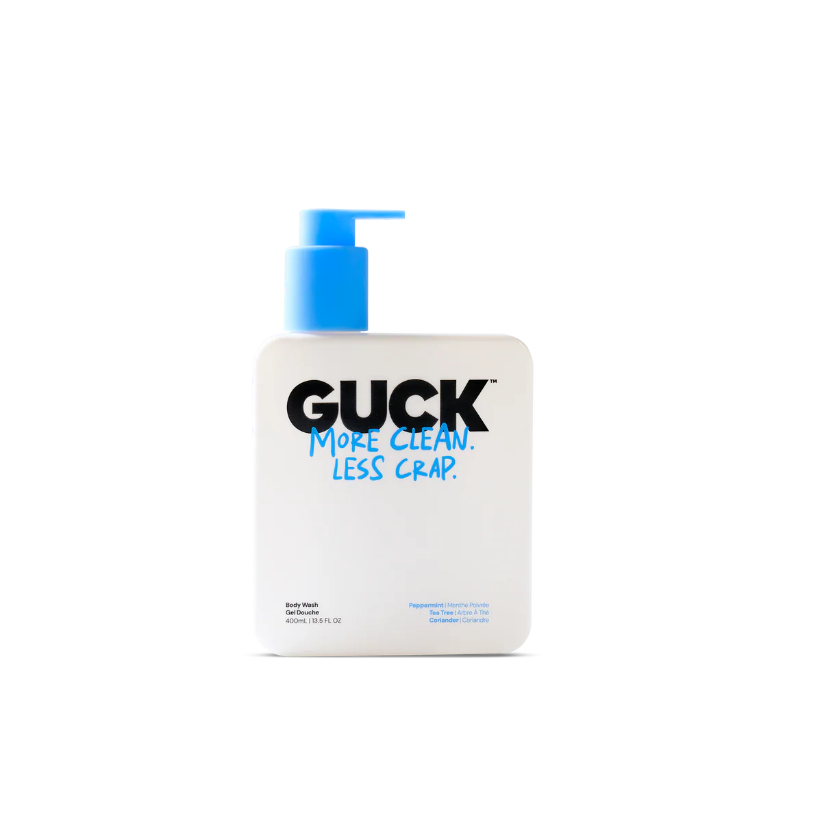 Bottle of GUCK with text on a white background